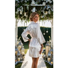 Bride Sabahlık Saten Nakışlı Beyaz Gelin Sabahlığı