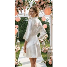 Bride Sabahlık Saten Nakışlı Beyaz Gelin Sabahlığı