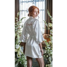 Bride Sabahlık Saten Nakışlı Beyaz Gelin Sabahlığı