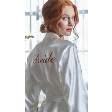 Bride Sabahlık Saten Nakışlı Beyaz Gelin Sabahlığı