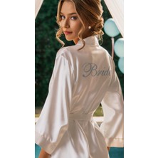 Bride Sabahlık Saten Nakışlı Beyaz Gelin Sabahlığı