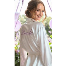 Bride Sabahlık Saten Nakışlı Beyaz Gelin Sabahlığı