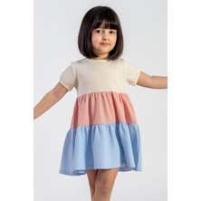 Bisiklet Yaka Kısa Kol Cıft Renklı Parcalı Mavi Renk Kız Çocuk Elbıse