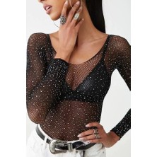 Beatiful Parlak Elmas Taşlı Omuz Detaylı File Kadın Body Bluz