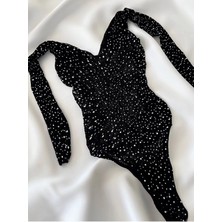 Beatiful Parlak Elmas Taşlı Omuz Detaylı File Kadın Body Bluz