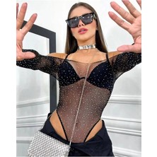 Beatiful Parlak Elmas Taşlı Omuz Detaylı File Kadın Body Bluz