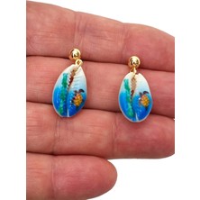 Pozitif Doğal Taş Üzeri Resimli Gerçek Deniz Kabuğu Küpe 30-D2