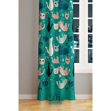 Moud's Yeşil Kediler Desenli Fon Perde Çocuk ve Bebek Odası Süet Dijital Baskılı Ekstrafor Büzgü Tek Kanat