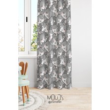 Moud's Gri Kedicik Desenli Fon Perde Çocuk ve Bebek Odası Süet Dijital Baskılı Ekstrafor Büzgü Tek Kanat