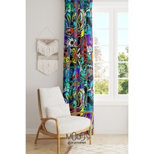 Moud's Grafiti Desenli Fon Perde Genç Odası Oturma Odası Süet Dijital Baskılı Ekstrafor Büzgü Tek Kanat