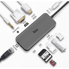 Bix BX11HB 10in1 Type-C Hub 4K@30Hz HDMI - VGA, Aux, PD Şarj, 1Gbps RJ45, 3x USB 3.0, Micro SD / SD Kart Okuyucu Dönüştürücü HUB