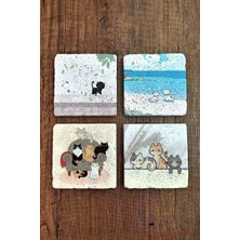 Doğal Taş Bardak Altlığı 4'lü Set 10X10X1 cm Sevimli Kediler Baskılı-Stone Coasters