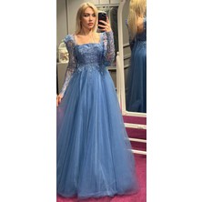 Abiyeniall Indigo Uzun Kollu  Kloş Etekli Tül Uzun Abiye Elbise 7352