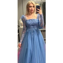 Abiyeniall Indigo Uzun Kollu  Kloş Etekli Tül Uzun Abiye Elbise 7352