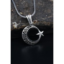 Prestige Gümüş Ay Yıldızlı (Ayyıldızlı) 925 Ayar Gümüş Kolye Zincir Siyah Mikro Taş Süslemeli 901144