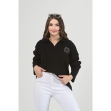 Modesbutik Yakalı Gül Işlemeli Oversize Siyah Triko Kazak