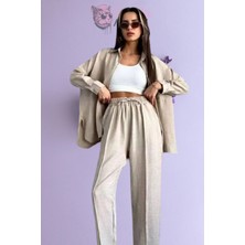 Kadın Ikili Bej Keten Gömlek Pantolon Alt Üst Takım Ipli