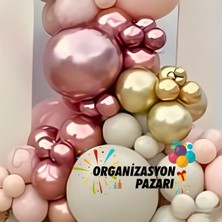 Balon Seti Pink Blush-Deniz Kumu-Krom Rose Gold-Krom Gold 100 Lü Balon Zinciri Seti