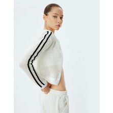 Koton Crop Sweatshirt Fermuarlı Ajurlu Kapüşonlu Şerit Detaylı