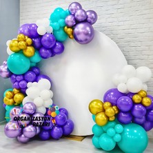 Balon Seti Turkuaz-Krom Gold-Beyaz-Mor-Krom Mor 100 Lü Balon Zinciri Seti