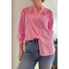 Kadın Pembe Brode Nakış Işlemeli Pamuk Gömlek 12A-2297