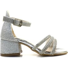 Prego Taş Biye Detaylı Tokalı Çocuk Abiye Ayakkabı Gumüş