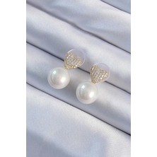 Ezo Concept Pirinç Altın Renk Zirkon Taşlı Kalp Model İnci Tasarım Kadın Küpe