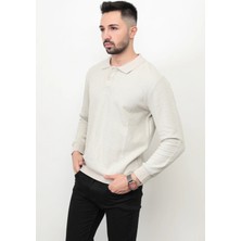 JOHN BORNERS Giysa Bej Erkek Polo Yaka Sweatshirt Selanik Örgü Pamuk Karışım Ribanalı Düğme Kapama - 5739