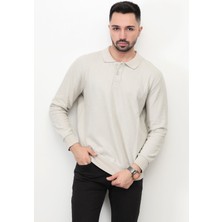 JOHN BORNERS Giysa Bej Erkek Polo Yaka Sweatshirt Selanik Örgü Pamuk Karışım Ribanalı Düğme Kapama - 5739