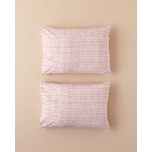 Floral Grid Pamuklu 2'li Yastık Kılıfı Gül Kurusu