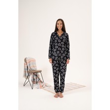 Kadın Kışlık Yılbaşı Desenli Önden Düğmeli Süet Pijama Takımı Siyah