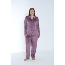 Kadın Kışlık Puantiyeli Önden Düğmeli Kadife Battal Pijama Takımı Lila