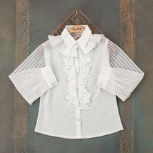 Kız Çocukları Için Kolları Tülden Önü Fırfırlı Yakası Düğmeli Beyaz Gömlek/ Okul Gömleği