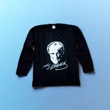 Uzun Kollu Siyah Atatürk Imzalı Baskılı Arkası Imzalı Tişört 10-11 Yaş