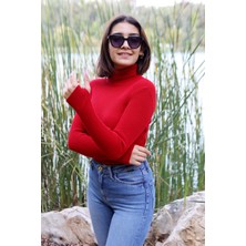 Kırmızı Renk Balıkçı Yaka Parmak Detaylı Kadın Kazak