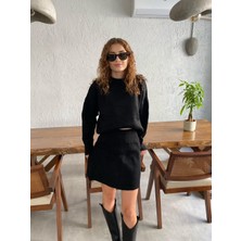 Nice Boutique Bisiklet Yaka Kazak Kısa Yüksek Bel Etekli Kadın Ikili Takım