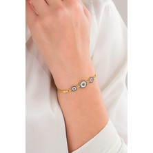 TMT Silver Gümüş Altın Kaplama Mavi Nazar Boncuklu Zirkon Taşlı Zincirli Göz Bileklik