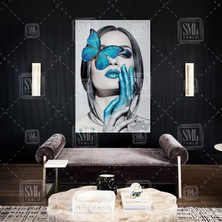 SML Tablo Gözüne Mavi Kelebek Konan Mavi Makyajlı Kadın Modern Dikey Kanvas Tablo