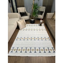 Ecosıa Carpet Ecosıa Iskandinav Halı Krem -Mavi Modern Salon Halı Koridor Halısı Yolluk Oturma Odası Saçaklı Halı