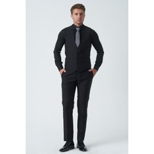 White Stone Siyah Slim Fit Kalıp Yelekli Klasik Esnek Likralı Kapaklı Cepli Takım Elbise