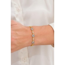 TMT Silver Gümüş Altın Kaplama Turkuaz Nazar Boncuklu Zirkon Taşlı Bileklik