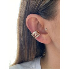 Pinery Jewels 3 Sıra Zirkon Taşlı Altın Kaplama Kadın Earcuff Kıkırdak Küpe