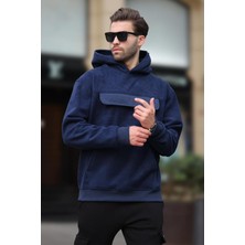 Madmext Lacivert Kapüşonlu Kapaklı Cep Detaylı Polar Erkek Sweatshirt 7097