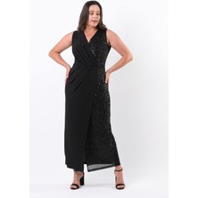 Zishan Fashion Pul Payet Işlemeli Kruvaze Yaka Önden Yırtmaç Detaylı Sandy Uzun Kadın Abiye Elbise 015
