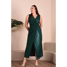 Zishan Fashion Pul Payet Işlemeli Kruvaze Yaka Önden Yırtmaç Detaylı Sandy Uzun Kadın Abiye Elbise 015
