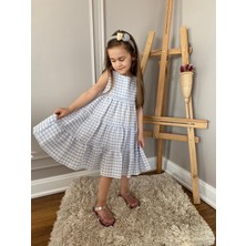 Baby Babyaden Gofre Kumaş Kat Kat Kloş Midi Boy Mavi / Renkli Kız Çocuk Elbise