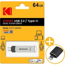 Kodak 64Gb.K273 Type-C ve USB 3.2 Type-C Girişli Tüm Cihazlara İphone Serisine Uygun ve İphone Dönüştürücü Hediye Yüksek Hızlı Usb Otg Flash Bellek Çift Giriş Metal Sağlam Orjinal