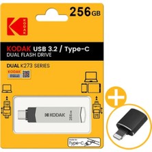 Kodak 256Gb.Type-C ve USB 3.2 Type-C Girişli Tüm Cihazlara İphone15/16 Serisine Uygun ve İphone Dönüştürücü Hediye Yüksek Hızlı Usb Otg Flash Bellek Çift Giriş Metal Sağlam Orjinal