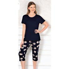 Yazlık Kısa Kol Kadın Kapri Pijama Takımı Lacivert
