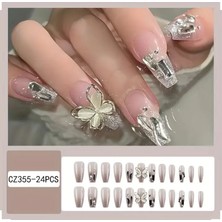 Trend Vitrin Takma Tırnak 3D Nail Art Baskılı - Fiyonk Kabartmalı - Jel - Gümüş - Küt